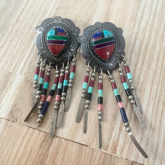 925 Sterling Silver Jewelry - QT Sterling silver Native American dangle fringe Southwestern earrings on posts